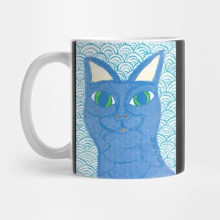 Blue cat with Japanese waves Mug